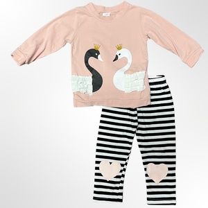 PATPAT | SWAN & STRIPE PRINT 2PC SET | PINK/BLACK | HEARTS | BABY GIRL | 6-9M